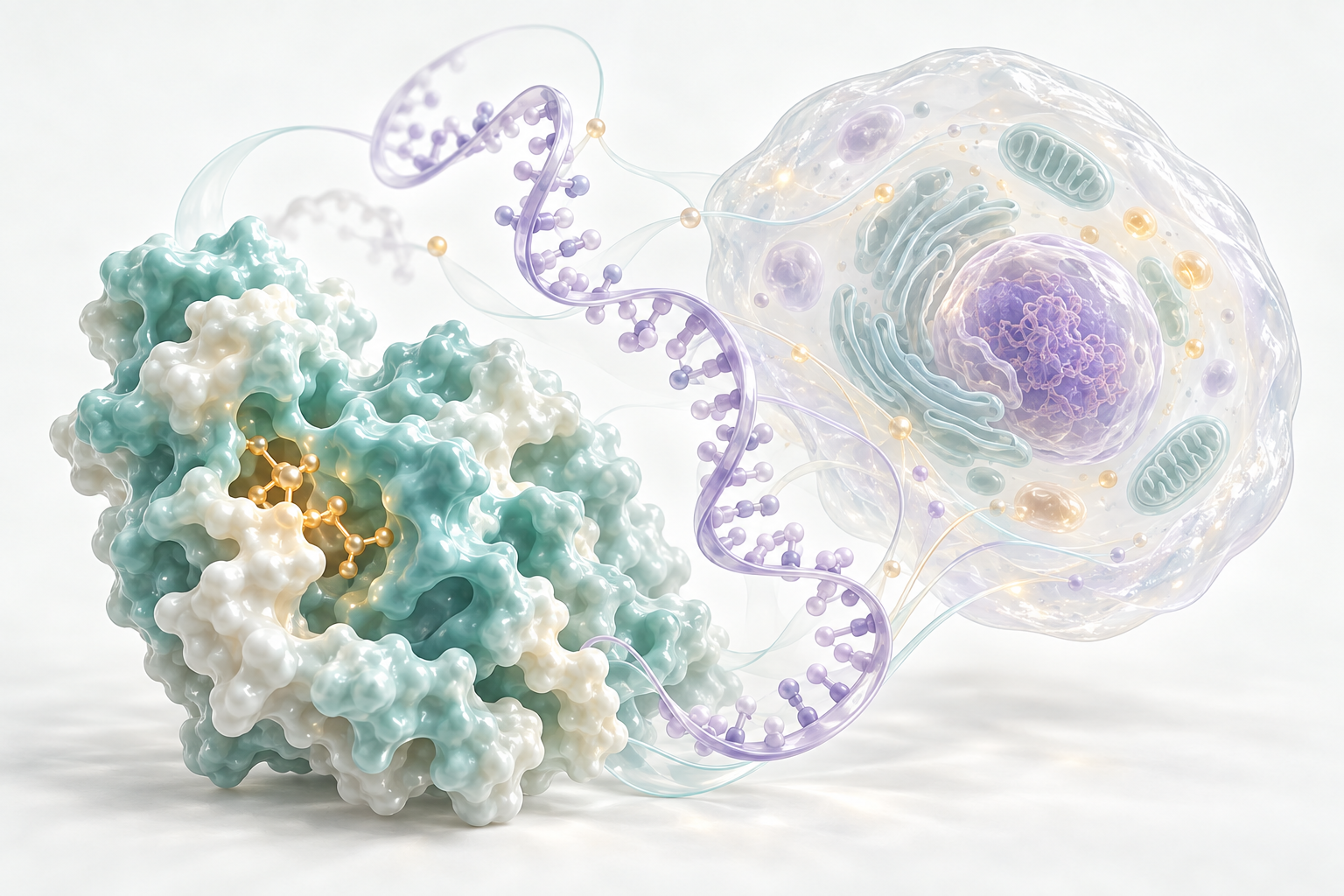 Conceptual illustration bringing a folded protein, an RNA strand and a translucent cell into one scene.