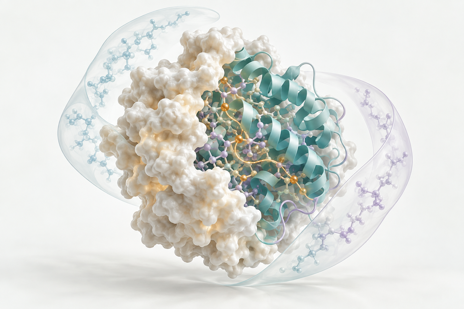 Scientific illustration showing a protein surface, ribbons and molecular structure as connected perspectives.