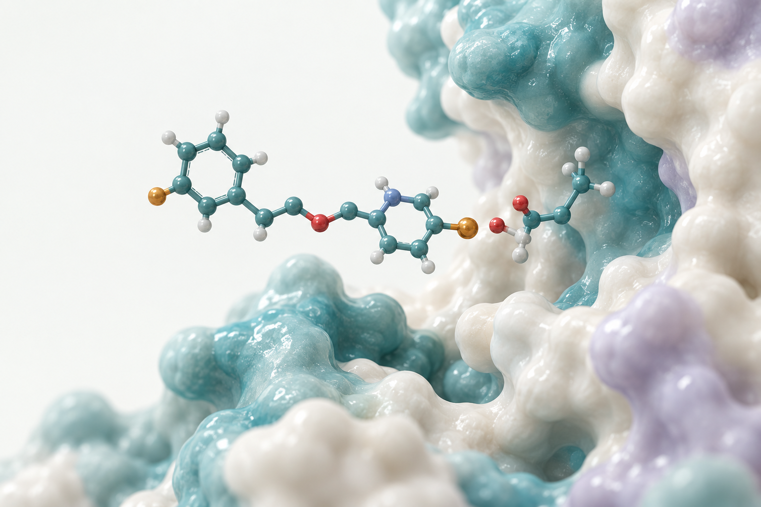 Scientific illustration of a small molecular structure beside a protein surface, suggesting an attachment opportunity.