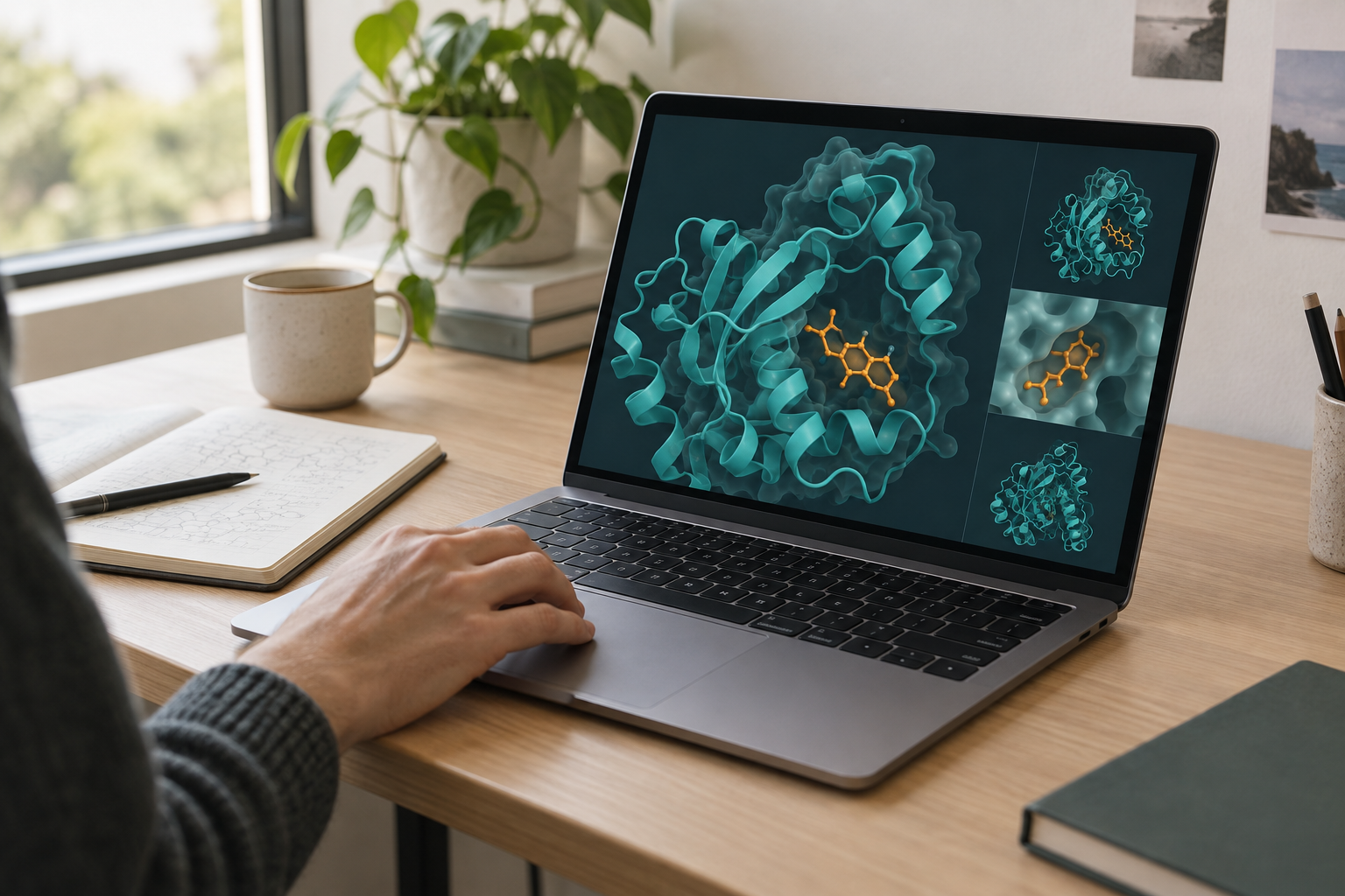 Illustrative research workspace with a molecular model on an ordinary laptop; not a BioTwin interface capture.