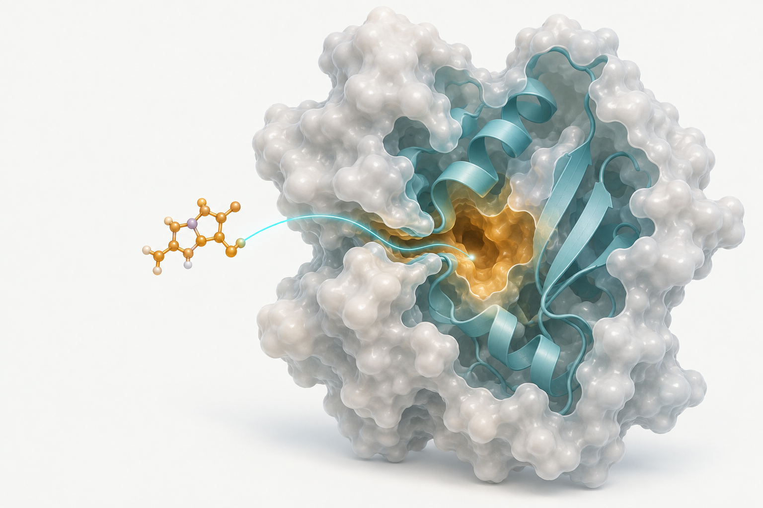 Scientific illustration of a molecule approaching a narrow entrance to a pocket inside a folded protein.