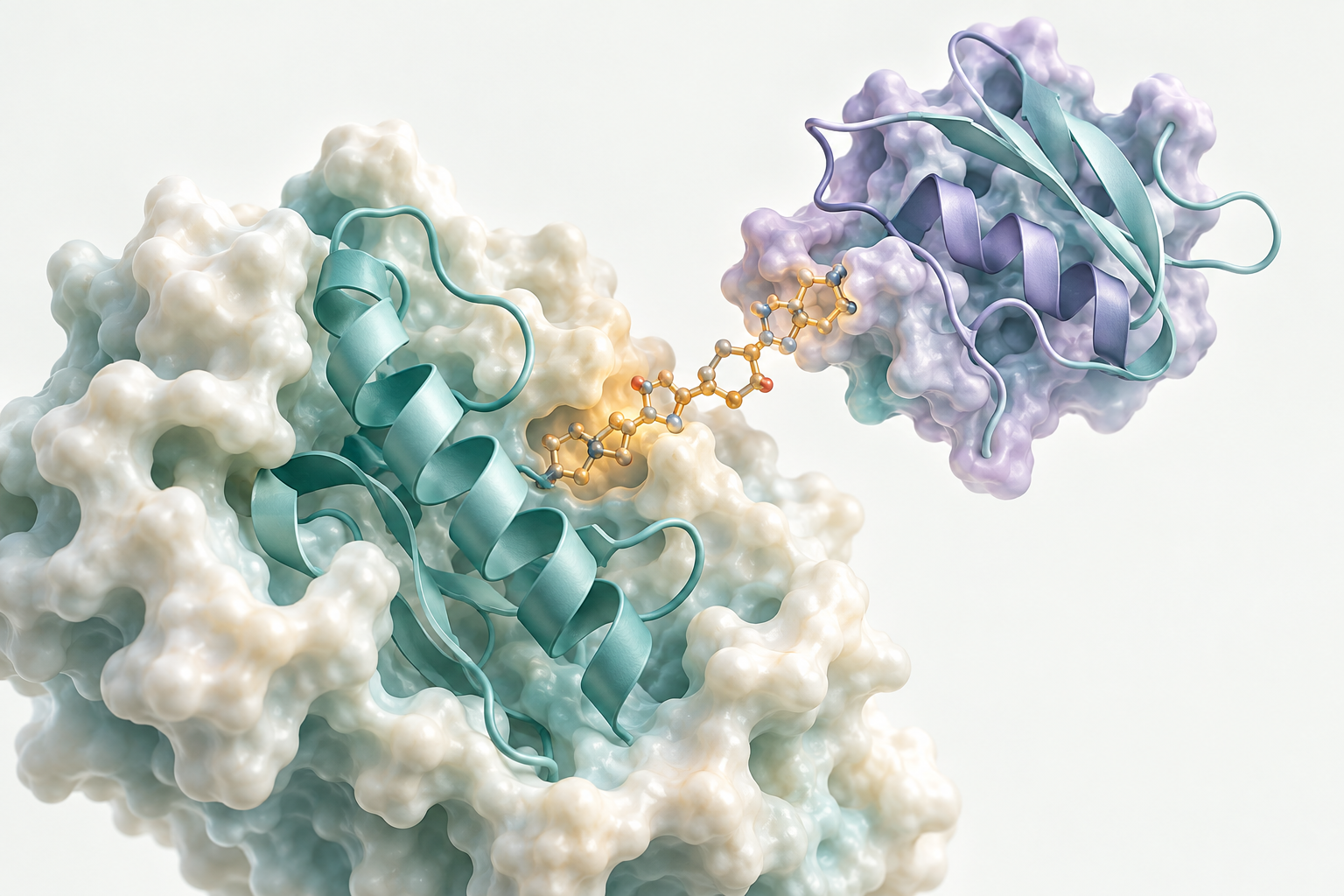 Illustration of two folded protein surfaces meeting around a small molecular connector.