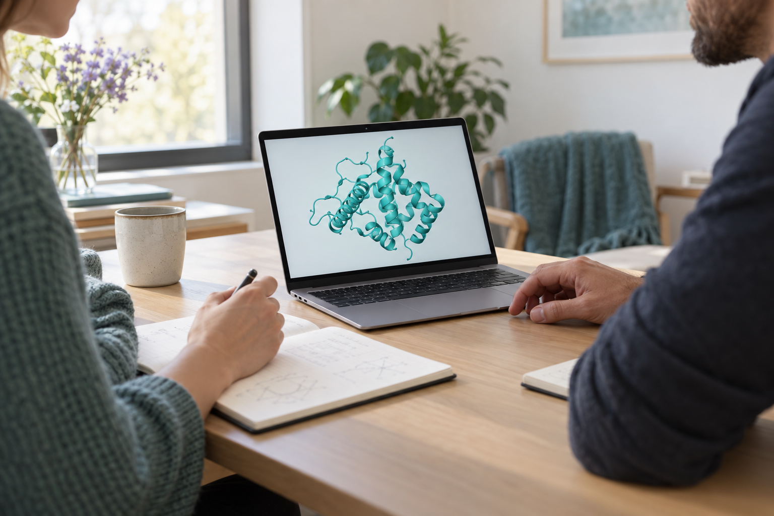 Editorial scene of two people discussing a molecular illustration on a laptop.
