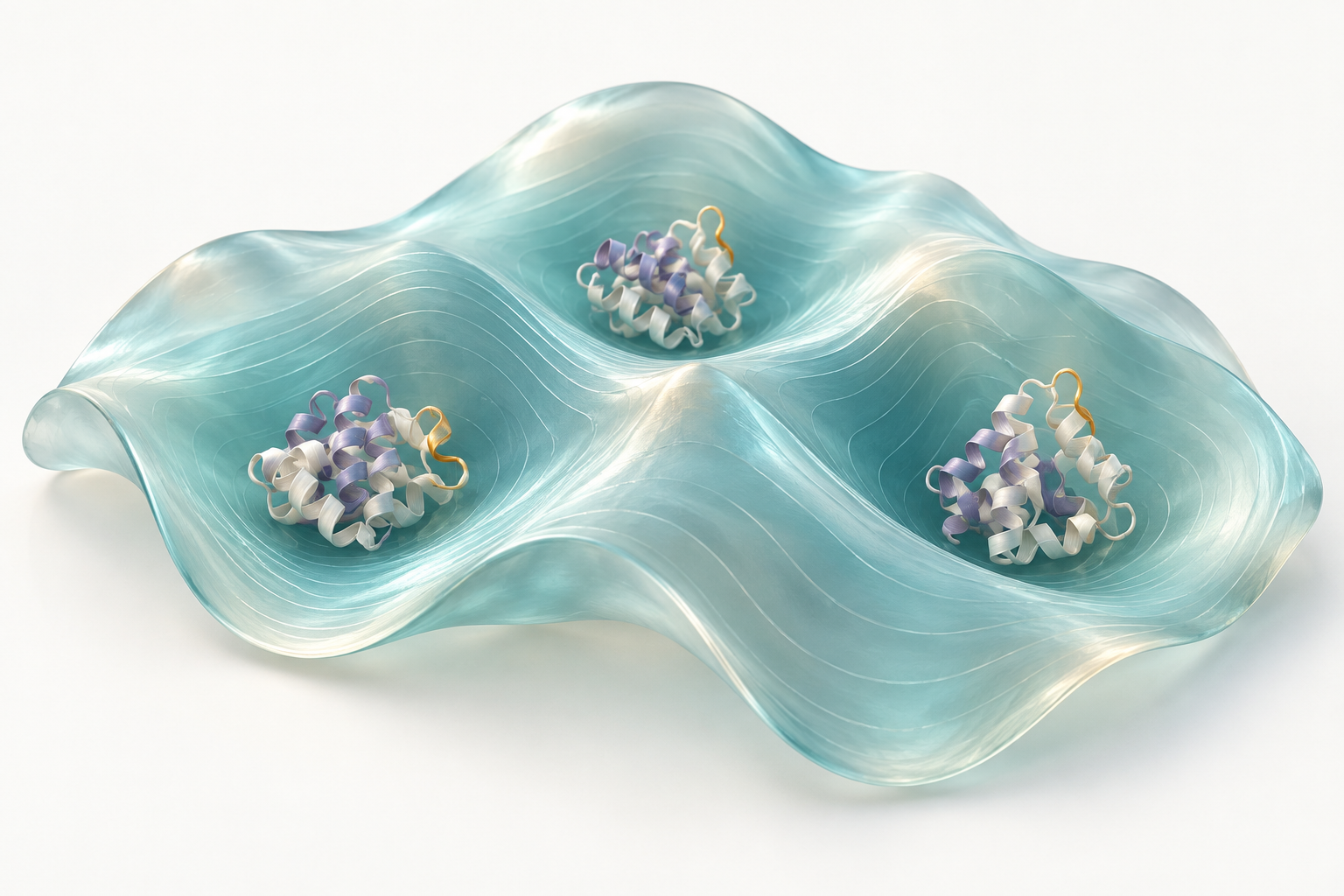 Conceptual illustration of folded proteins occupying different valleys in a translucent landscape.